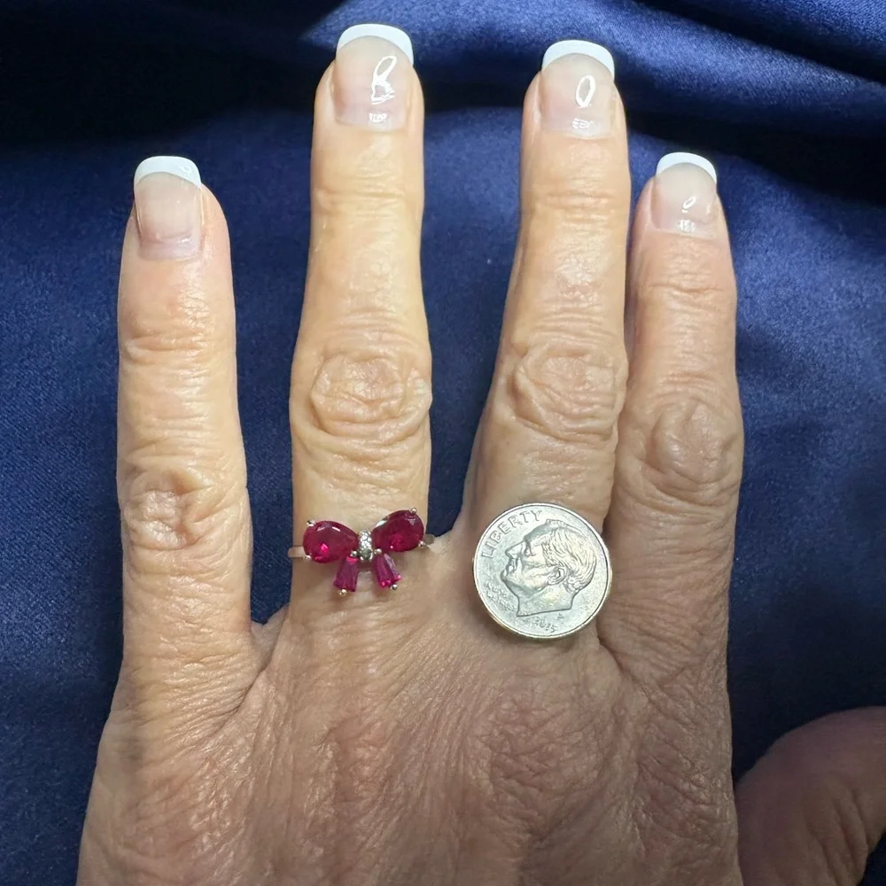 Red Ribbon Bow Ring Sterling Silver Ruby & Pave CZs - Picture 7 of 7